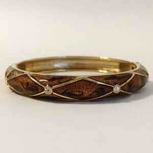 Brown Resin Bangle Bracelet Diamond Shaped Gold Tone Metal Rhinestones Stunning